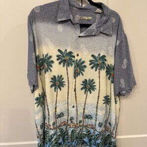 Batik Bay Men’s XXL Hawaiian Shirt Rayon Palm Tree Beach Print Blue Gray topical